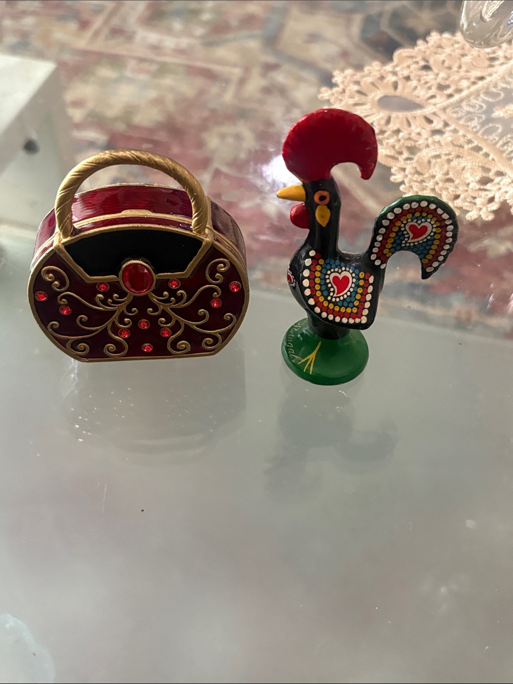 Hand-Painted Portuguese Good Luck Rooster Metal Figurine, set